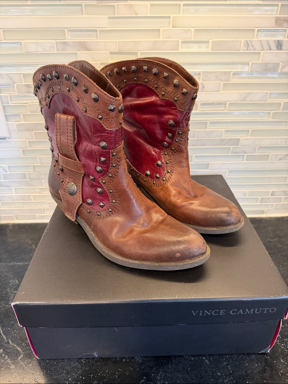 Vince Camuto Brown Leather Ankle Booties with Red Insets